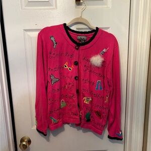 Pink Embroidered Cardigan with Black Trim